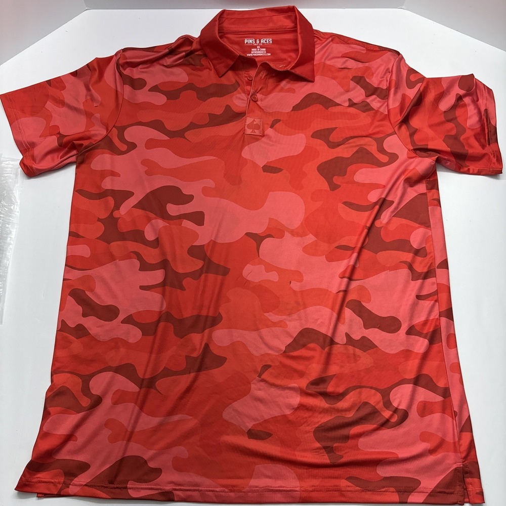 Pins & Aces Golf Polo Mens XXL Red Camo Graphic Performance Stretch Shirt